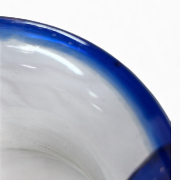 Hand Blown Art Glass Pitcher Cobalt Blue Rim Studio Glass Decor Collectible Vase - Picture 8 of 16